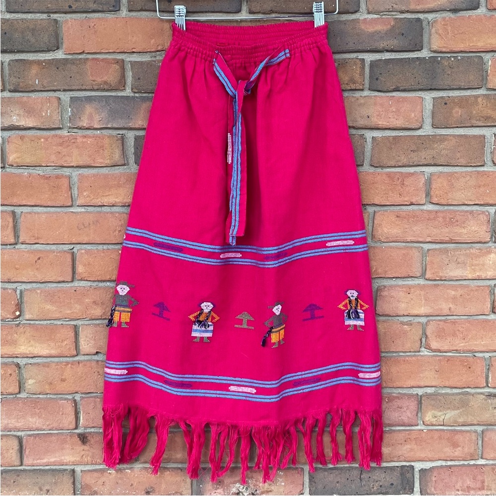 Vintage Retro L Fernando’s Guatemalan Elastic Waist Red Fringe Cotton Sz S